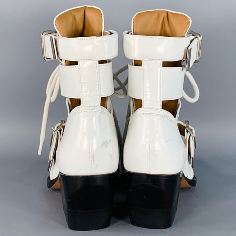 CHLOE Size 8 White Leather Lace-Up Belted Pointed Toe Ankle Boots