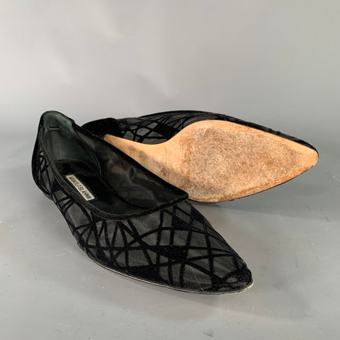 MANOLO BLAHNIK Size 9 Black Velvet Geometric Pointed Toe Flats