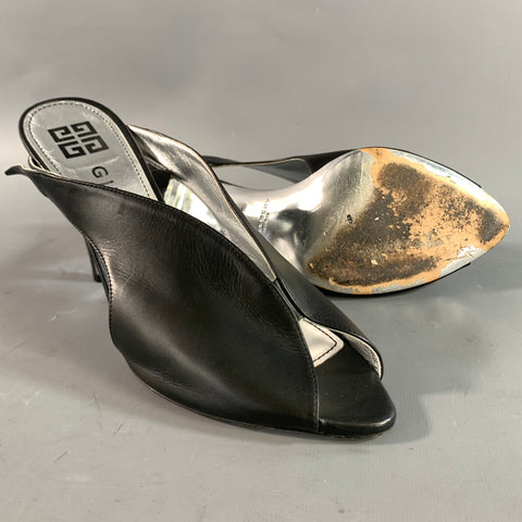 GIVENCHY Size 10 Black Silver Leather Mules Pumps