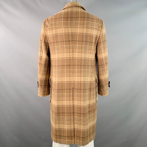 ELEVENTY Size 42 Tan Brown Glenplaid Wool Cashmere Leather Trim Toggle Coat