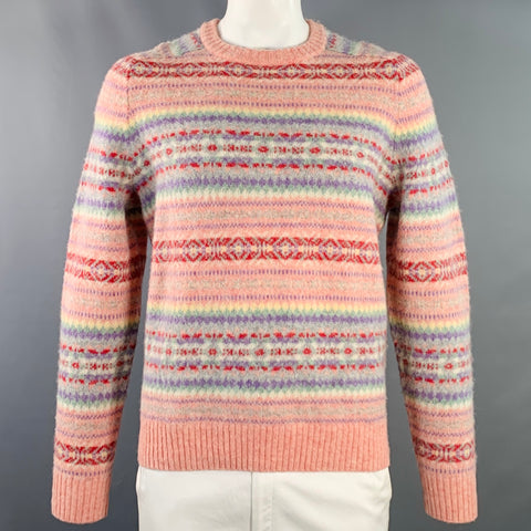 J. CREW Size L Pink Multi Color Nordic Stripe Wool Crew Neck Sweater