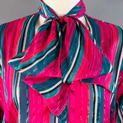 TRINA TURK Size S Pink Green Silk Metallic Stripe Bishop Bow Blouse
