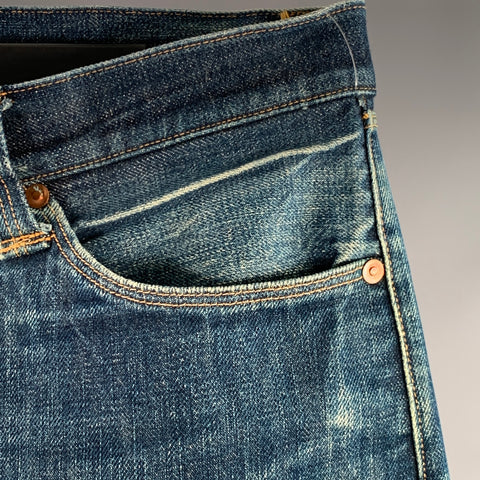 STEVENSON OVERALL CO. Size 38 Blue Distressed Cotton Selvedge Japanese Denim Button Fly Jeans
