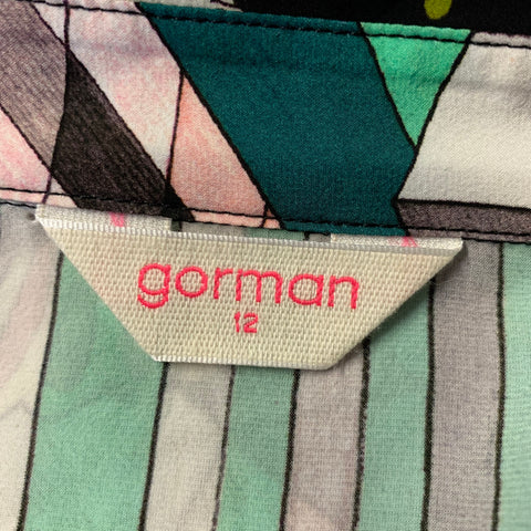 GORMAN Size 12 Black Pink Green Silk Viscose Print Pointed Collar Shirt