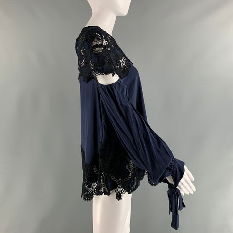 JONATHAN SIMKHAI Taille XS Marine Noir Soie Dentelle Oversize Casual Top
