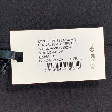 ROLAND MOURET SS24 Size 10 Monochrome Black White Polyester Blend Color Block Long Sleeve Midi Dress