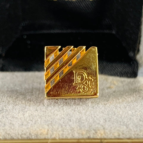 CHRISTIAN DIOR Gold Metal Engraved Monogram Brooch Pin