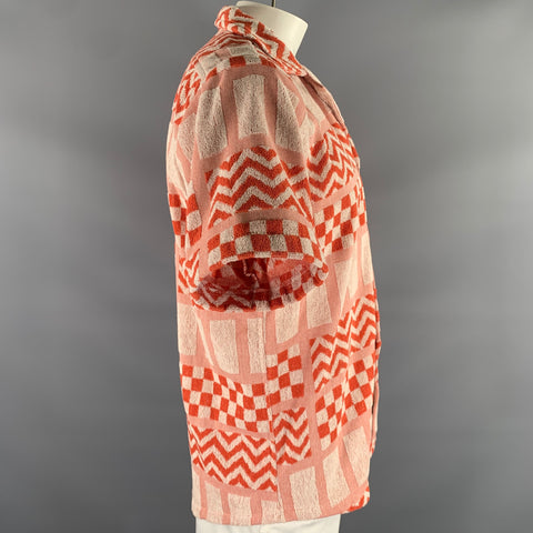 OAS Taille L Orange Blanc Abstrait Éponge Chemise à manches courtes Camp