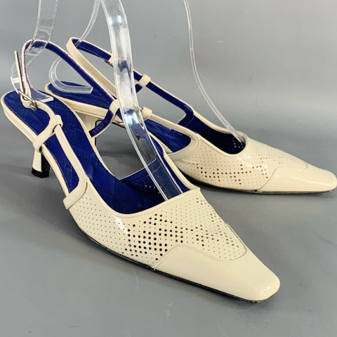 BURBERRY Size 7 Cream Patent Leather Perforated Kitten Heel Slingback Sandals