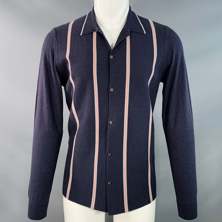 LANVIN Size M Navy Grey Pink Stripe Merino Wool Cotton Knit Long Sleeve Shirt