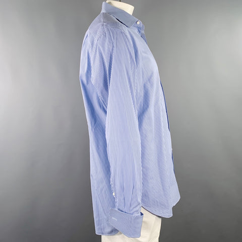 ERMENEGILDO ZEGNA Size L Blue White Stripe Cotton Long Sleeve Shirt