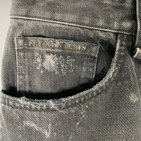 PHILIPP PLEIN Size 29 Black Grey Paint Splatter Cotton Straight Distressed Jeans