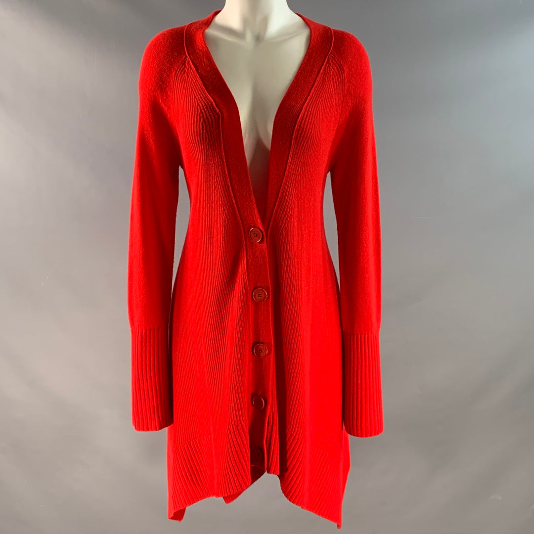 DONNA KARAN Size S Red Merino Wool Cashmere Long Cardigan