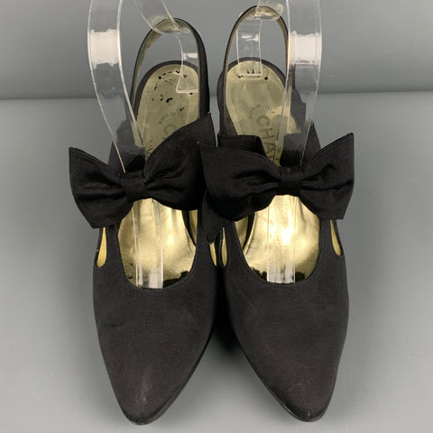 CHANEL Size 7 Black Taffeta Bow Slingback Pumps