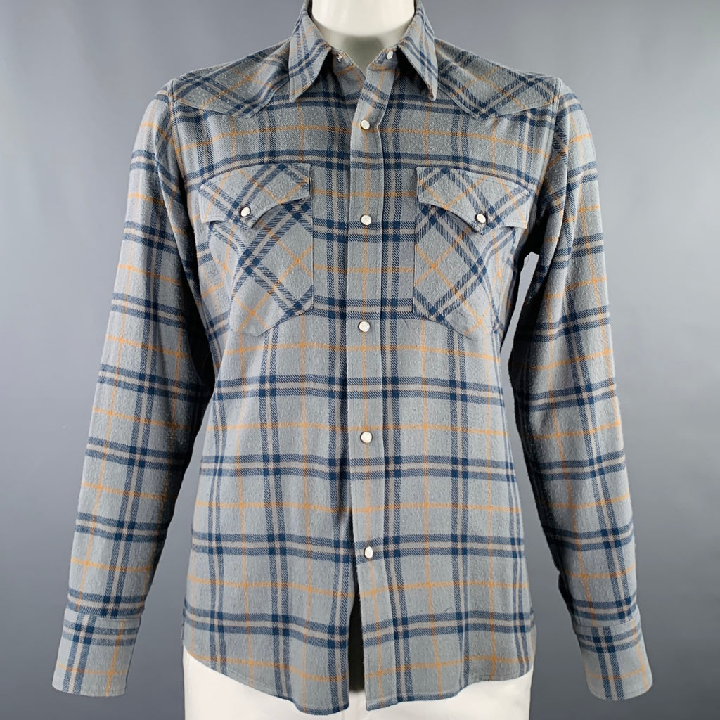 DRIES VAN NOTEN Size L Blue Yellow Plaid Cotton Western Long DRIES VAN NOTEN Size L Blue Yellow Plaid Cotton Western Long