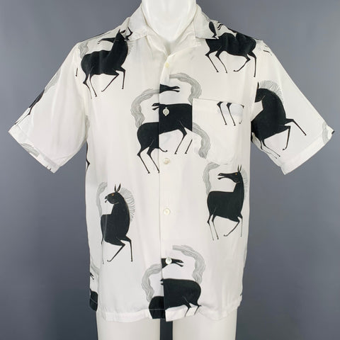 PORTUGUESE FLANNEL Size M White Black Print Lyocell Camp Short Sleeve Shirt