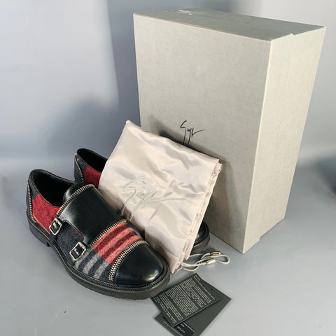 GIUSEPPE ZANOTTI Size 11 Black Red Plaid Leather Monk Strap Loafers Shoes