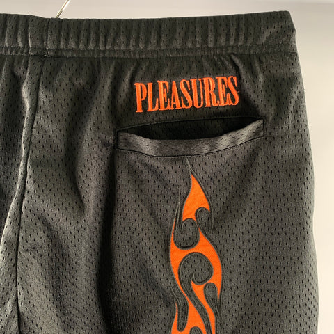 Short athlétique en polyester PLEASURES taille M, noir, motifs flammes orange