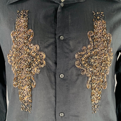 JUST CAVALLI Taille 42 Chemise Manches Longues Noire Broderies Dorées Métal