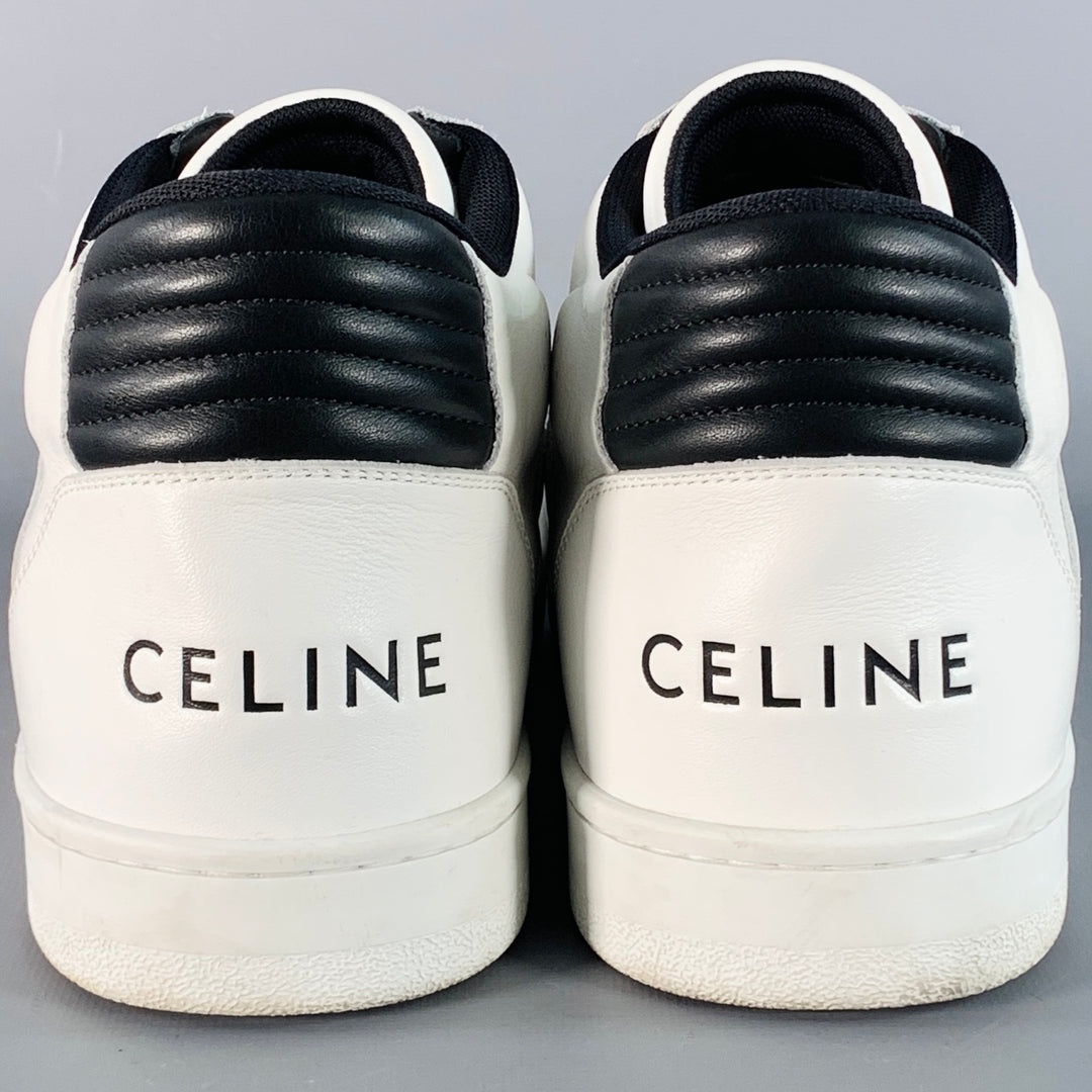CELINE Size 12 White Black Perforated Leather Mid Top Lace-Up Sneakers