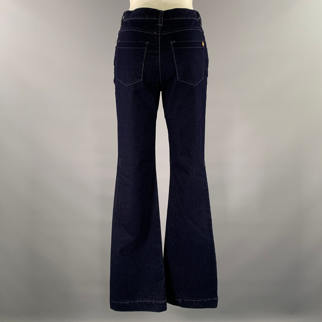 DISMERO Size 8 Navy Cotton Blend Velvet Grid Slim Bootcut Pants