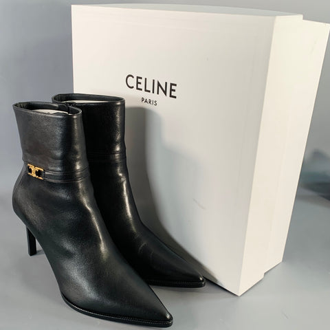 CELINE Size 11 Verneuil Triomphe Black Leather Pointed Toe Stiletto Boots