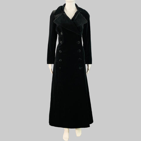 BIBA Size M Black Cotton Velvet Double Breasted Peak Lapel Trench Coat