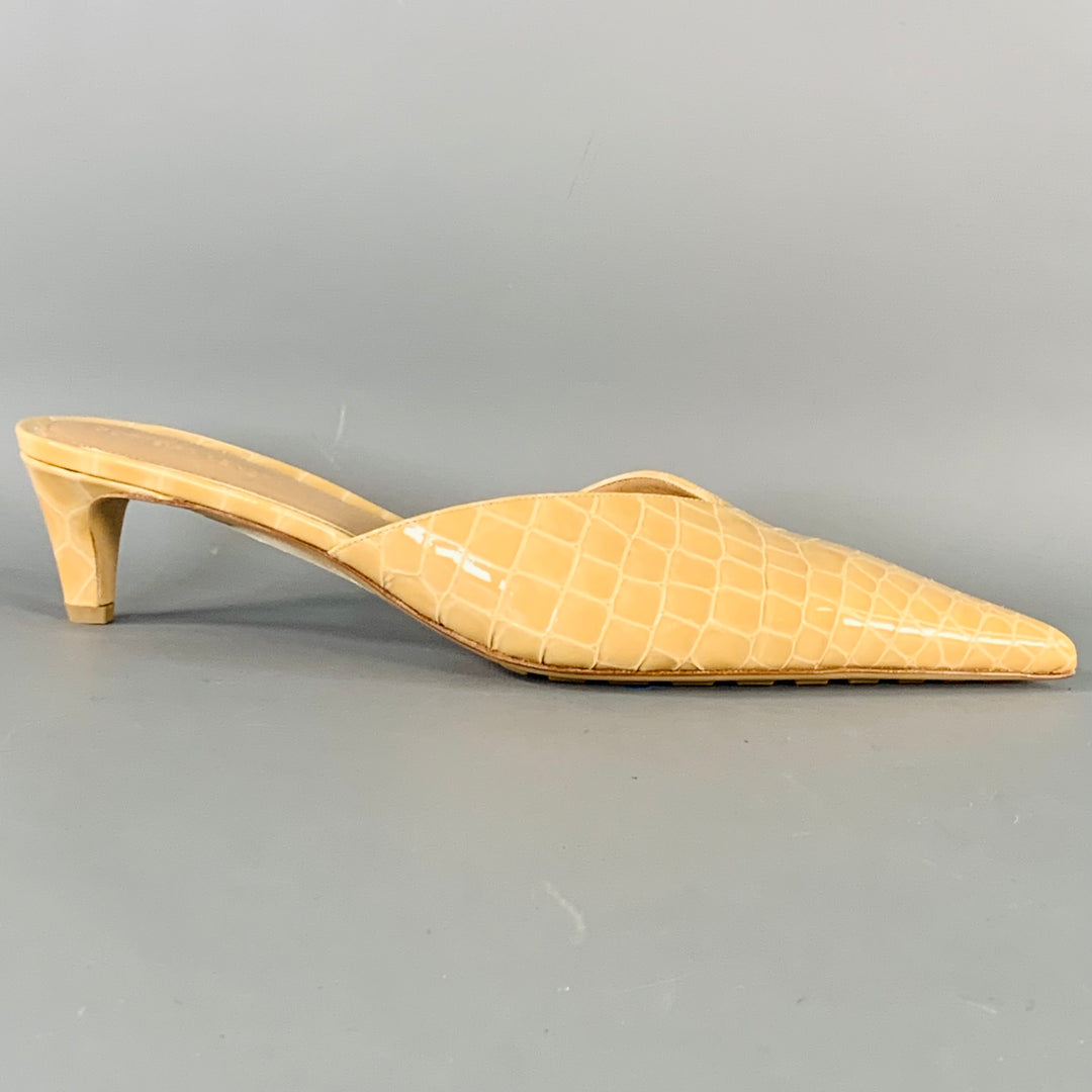 BOTTEGA VENETA Size 10 Punta Beige Croc Embossed Patent Leather Pointed Toe Mules Pumps