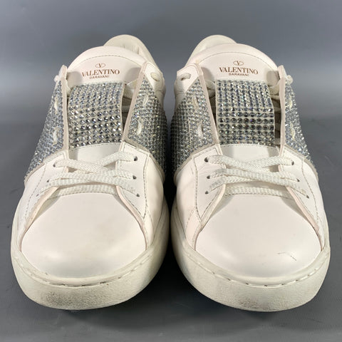 VALENTINO GARAVANI Size 11 White Rhinestone Leather Low Top Sneakers
