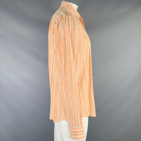 BRIONI Size L Orange Stripe Linen Button Up Long Sleeve Shirt