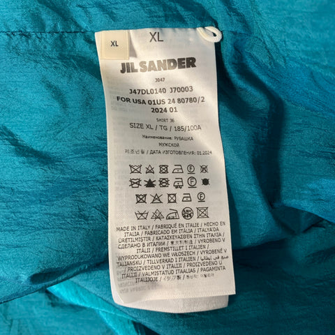 JIL SANDER Size XL Teal Polyamide Silk Camp Short Sleeve Shirt