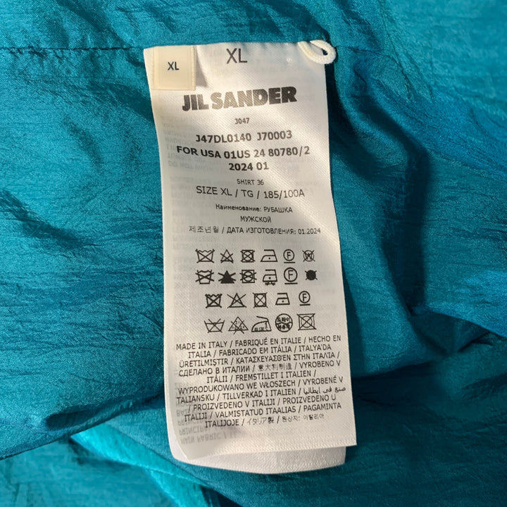 JIL SANDER Size XL Teal Polyamide Silk Camp Short Sleeve Shirt