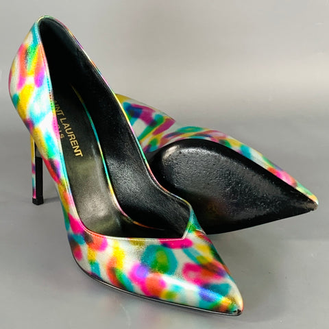 SAINT LAURENT Size 7.5 Metallic Silver Multi Color Leather Stiletto Pumps