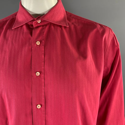 ETRO Size XL Red Magenta Herringbone Spread Collar Long Sleeve Shirt