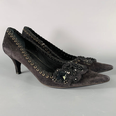 PRADA Size 7.5 Black Suede Beaded Embellishment Heels Pumps