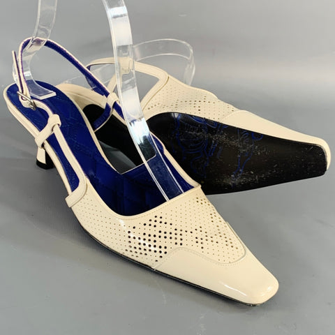 BURBERRY Size 7 Cream Patent Leather Perforated Kitten Heel Slingback Sandals