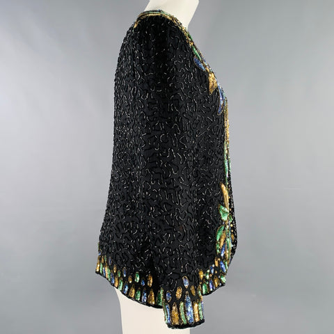 ZENITH FASHIONS Size M Black Multi Color Silk Sequined Jacket Blazer