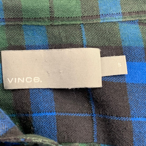 VINCE Size S Green Blue Plaid Cotton Blend Raw Edge Long Sleeve Shirt