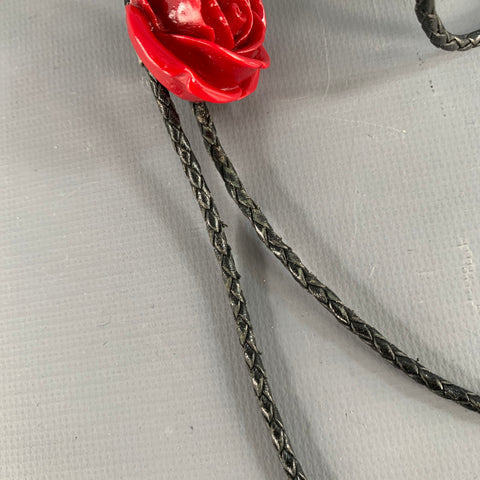 VINTAGE Black Red Rose Leather Bolo Tie