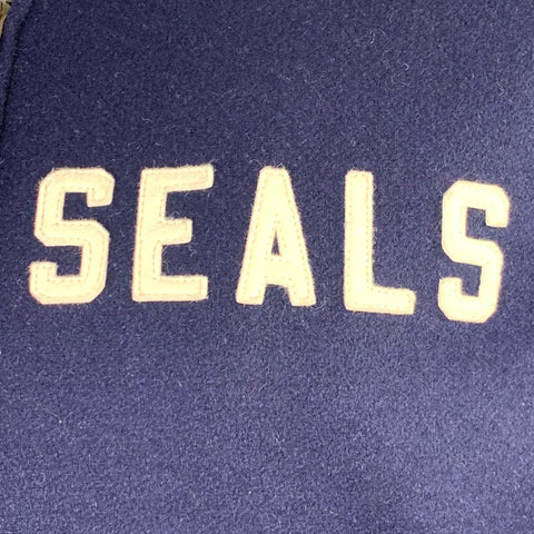 EBBETS FIELD Size L SF Seals 1949 Style Navy Brown Mixed Fabrics Virgin Wool Varsity Jacket
