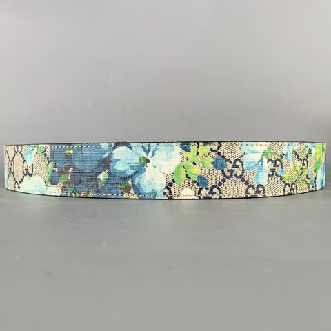 GUCCI Size 34 Blue Grey Floral Canvas Belt