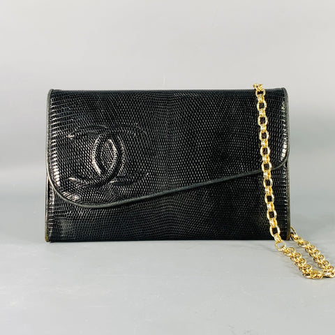 CHANEL Rare Vintage Late-1980s Black Gold Lizard Leather Cross Body Clutch Handbag