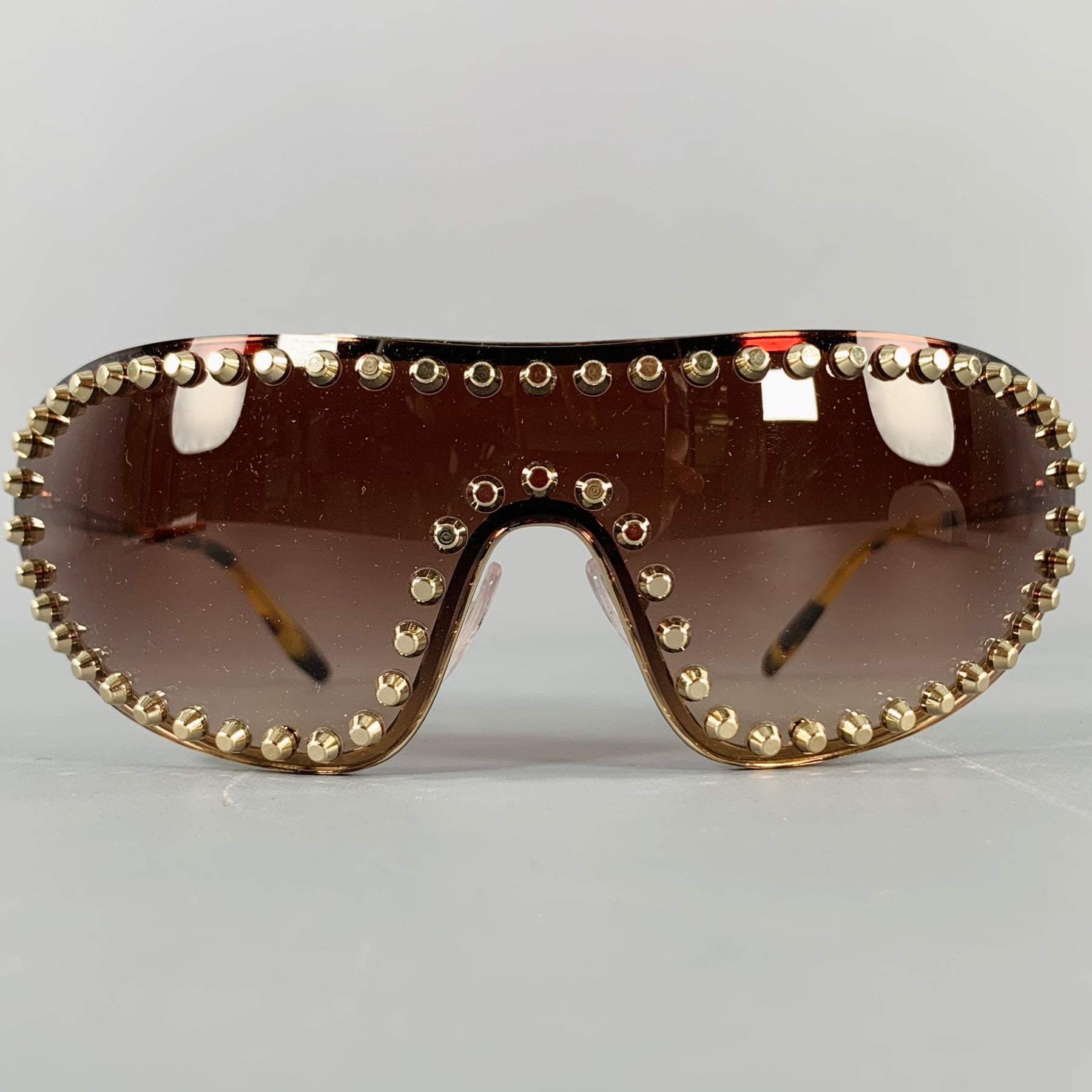 PRADA Gold Brown Studded Metallic Sunglasses Sui Generis Designer Consignment