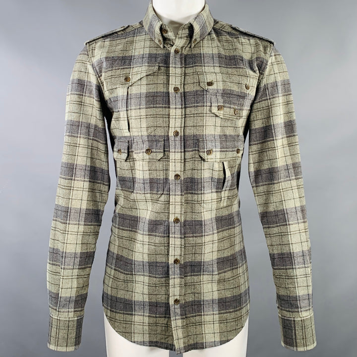 D&G by DOLCE & GABBANA Size 40 Green Grey Plaid Utility Slim Fit Long Sleeve Shirt