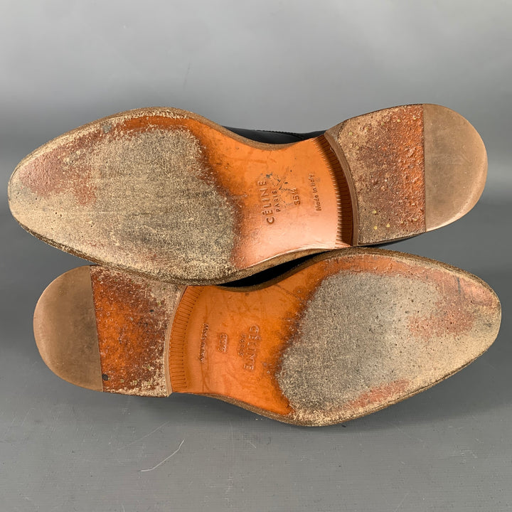 CELINE Size 5.5 Black Brown Leather Derby Almond Toe Lace-Up Shoes