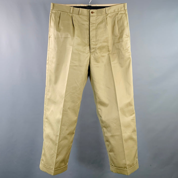 BELAFONTE Size XL Tan Twill Cotton Pleated Cuffed Button Fly Casual Pants