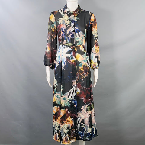CATHERINE MALANDRINO Size M Black Multi Color Polyester Floral 3/4 Sleeves Shirt Dress