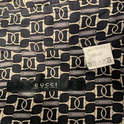 GUCCI Size S Black Grey Horsebit Silk Long Sleeve Shirt