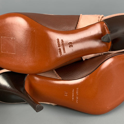 LANVIN Talla 9 Zapatos de tacón con tira trasera de satén de cuero rosa marrón