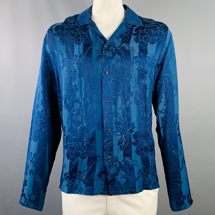 HAIDER ACKERMANN Size XL Blue Jacquard Linen Silk Floral One Pocket Long Sleeve Shirt